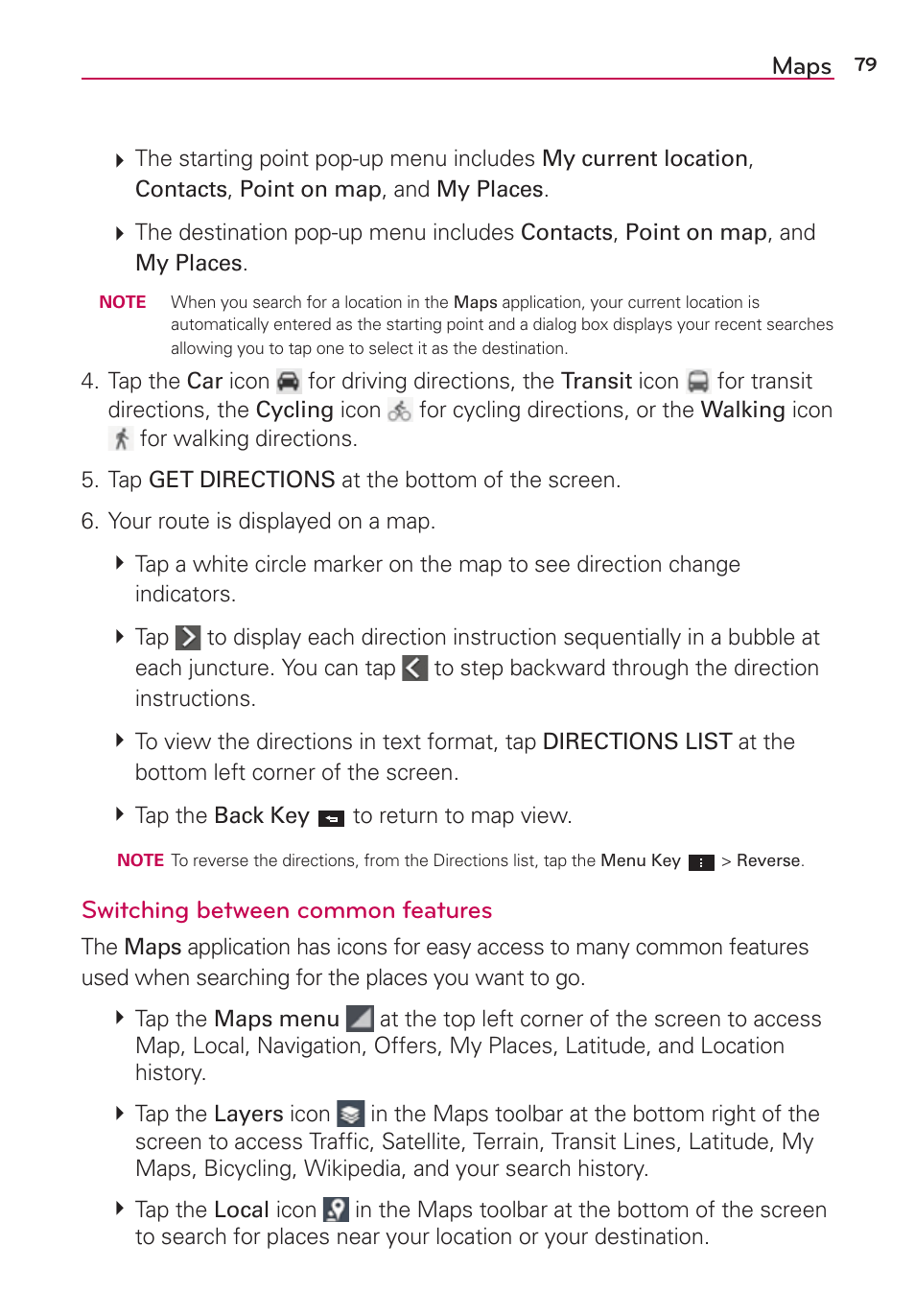 Maps, Switching between common features | LG LGVS870 User Manual | Page 81 / 223