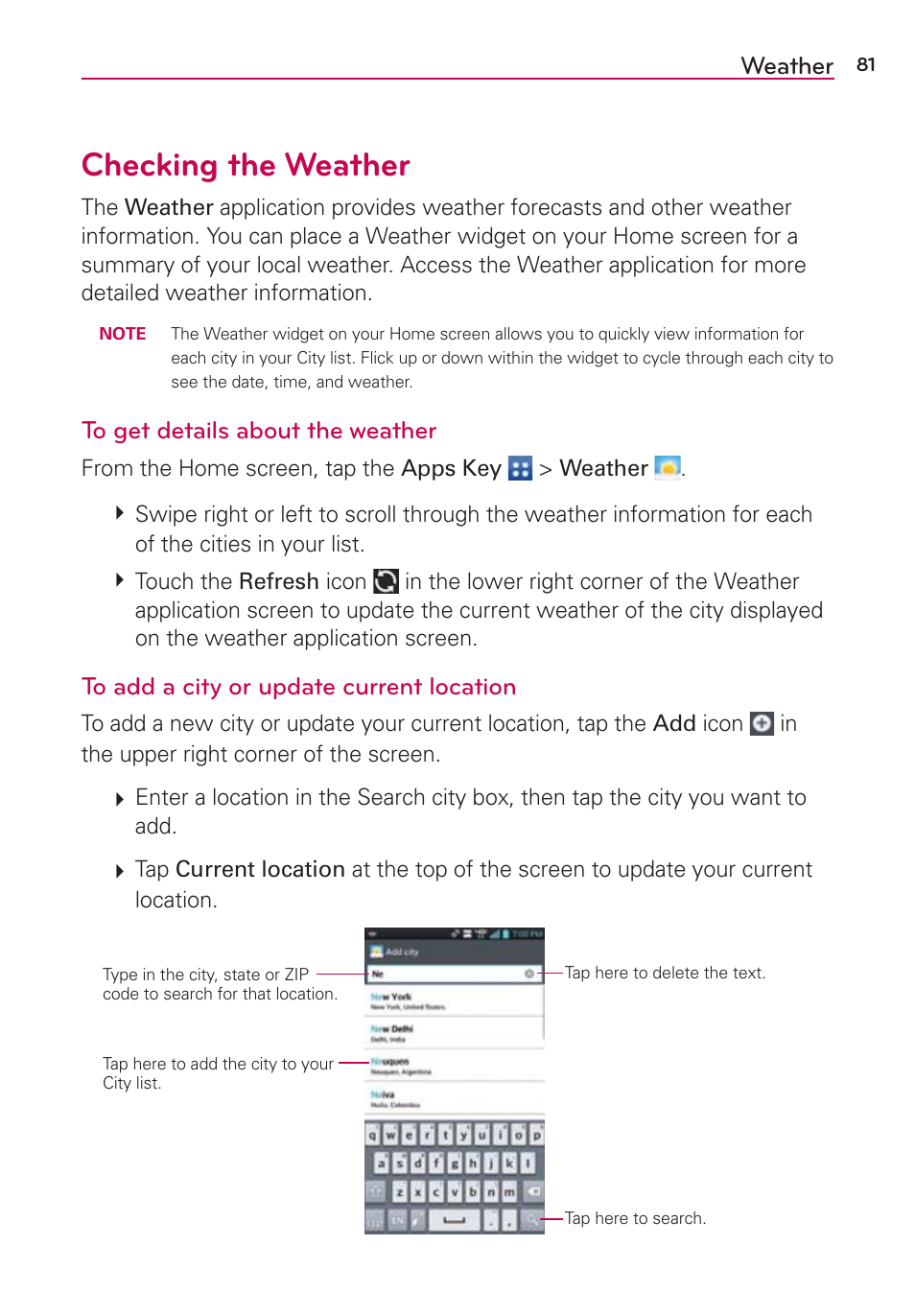 Weather, Checking the weather | LG LGVS870 User Manual | Page 83 / 223