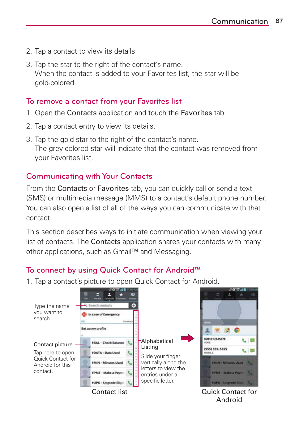 Communication, Communicating with your contacts | LG LGVS870 User Manual | Page 89 / 223