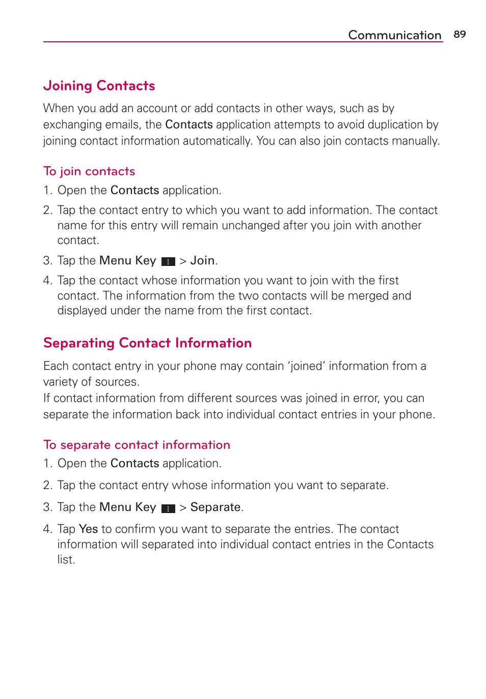 Joining contacts, Separating contact information | LG LGVS870 User Manual | Page 91 / 223