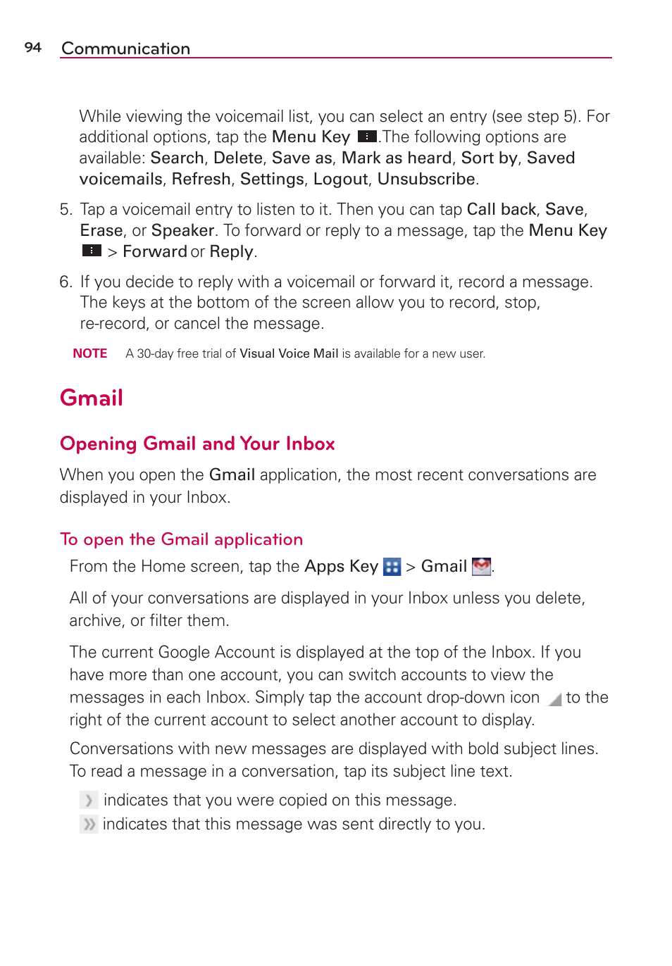Gmail, Opening gmail and your inbox | LG LGVS870 User Manual | Page 96 / 223
