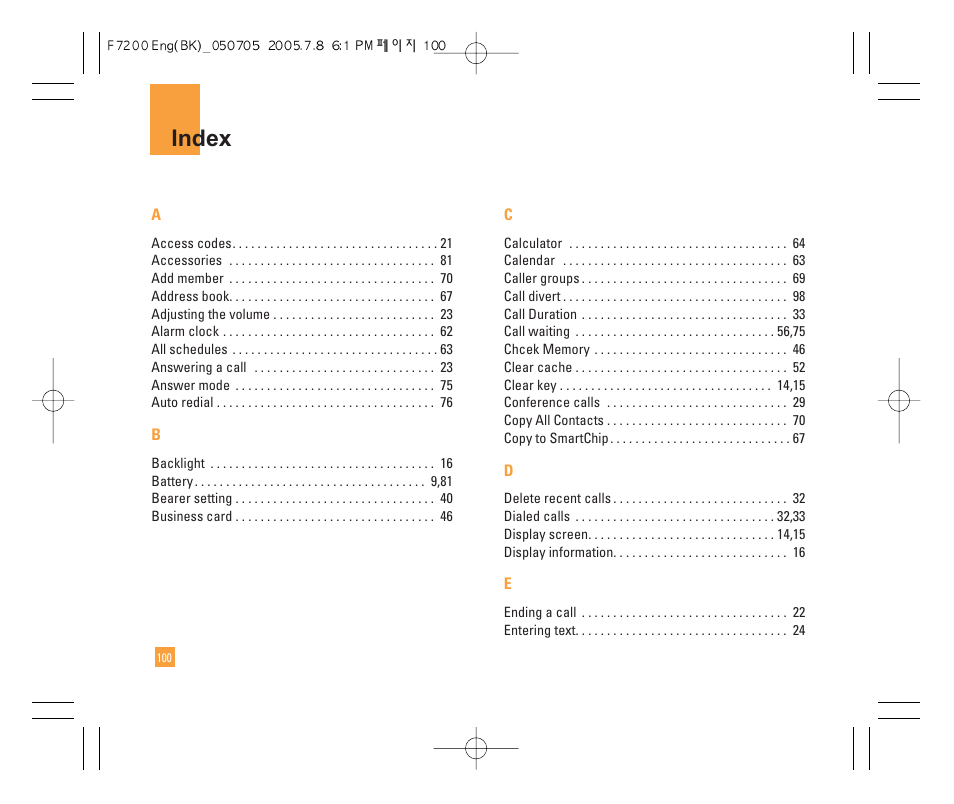 Index | LG F7200 User Manual | Page 102 / 218