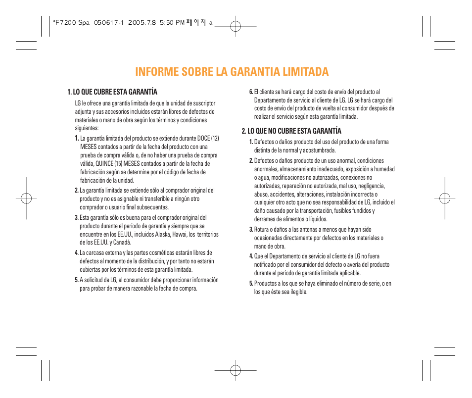 Informe sobre la garantia limitada | LG F7200 User Manual | Page 106 / 218