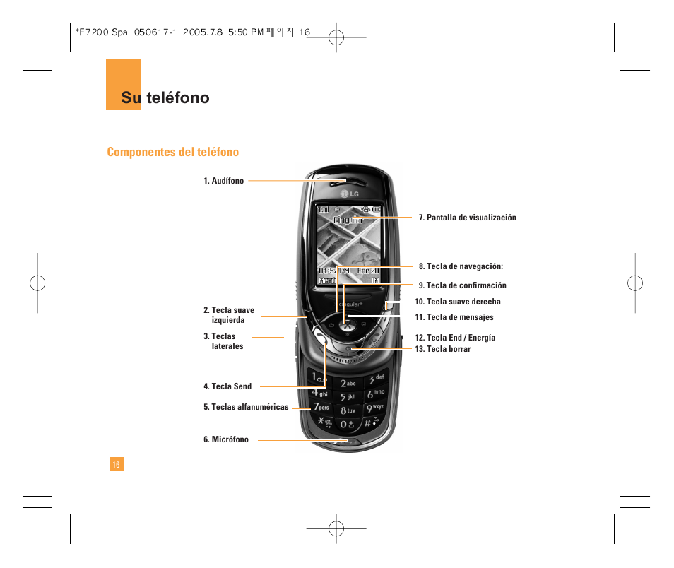 Su teléfono, Componentes del teléfono | LG F7200 User Manual | Page 121 / 218