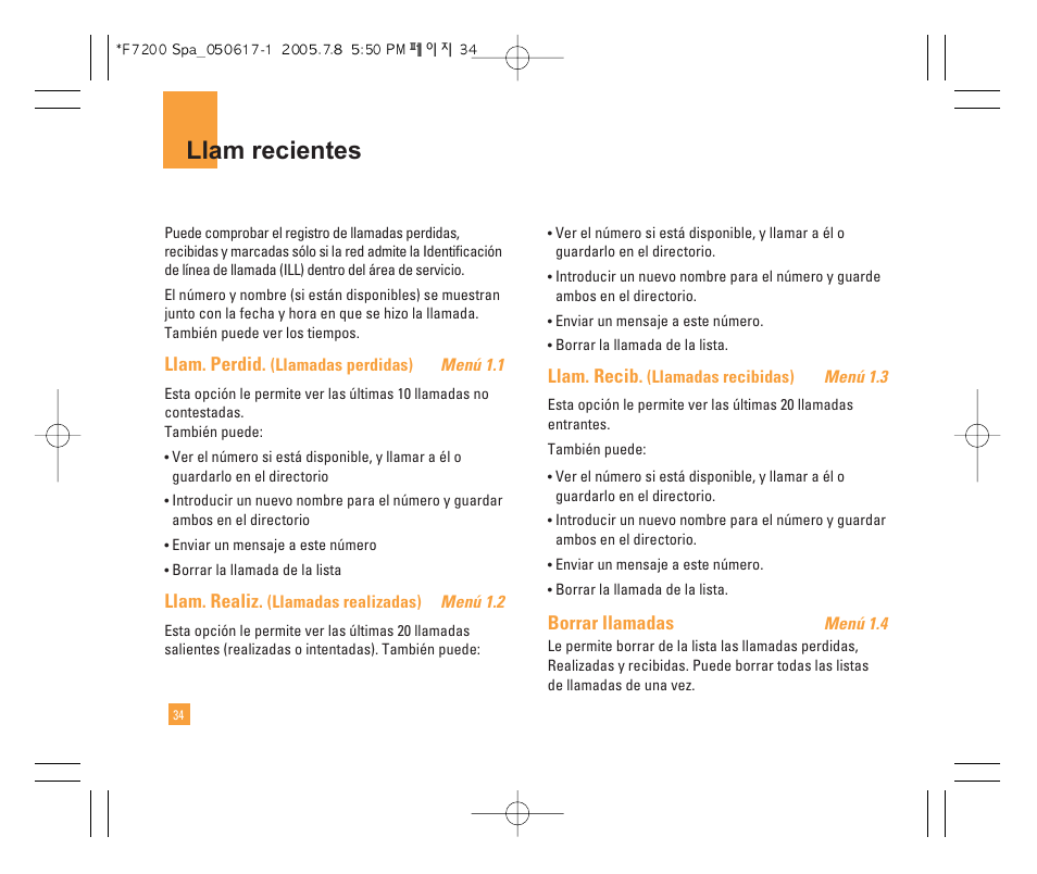 Llam recientes | LG F7200 User Manual | Page 139 / 218
