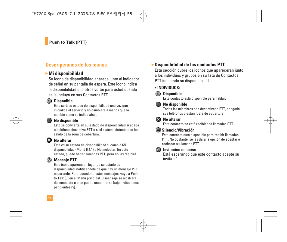 Descripciones de los iconos | LG F7200 User Manual | Page 163 / 218