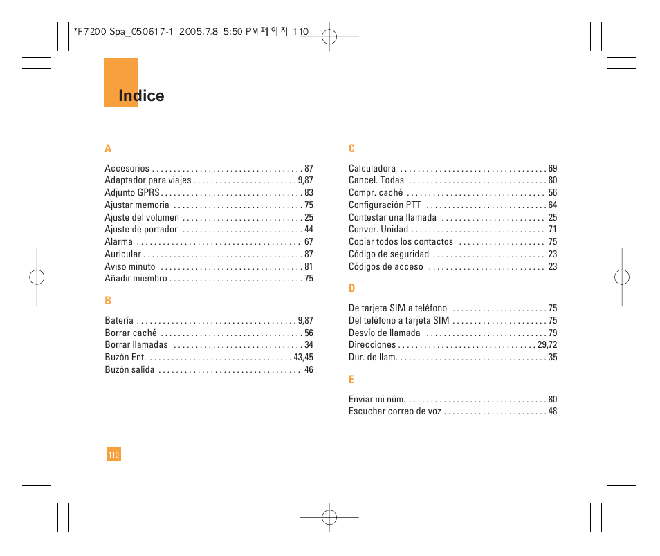 Indice | LG F7200 User Manual | Page 215 / 218