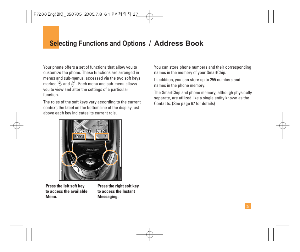 Selecting functions and options / address book | LG F7200 User Manual | Page 29 / 218