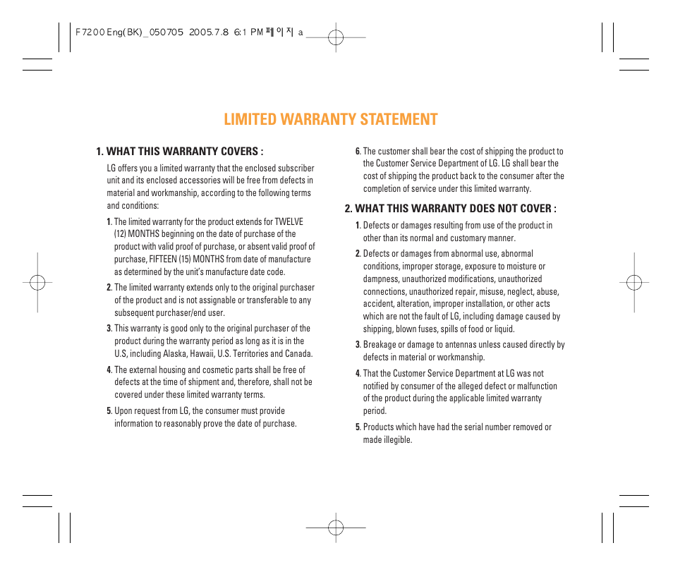 Limited warranty statement | LG F7200 User Manual | Page 3 / 218