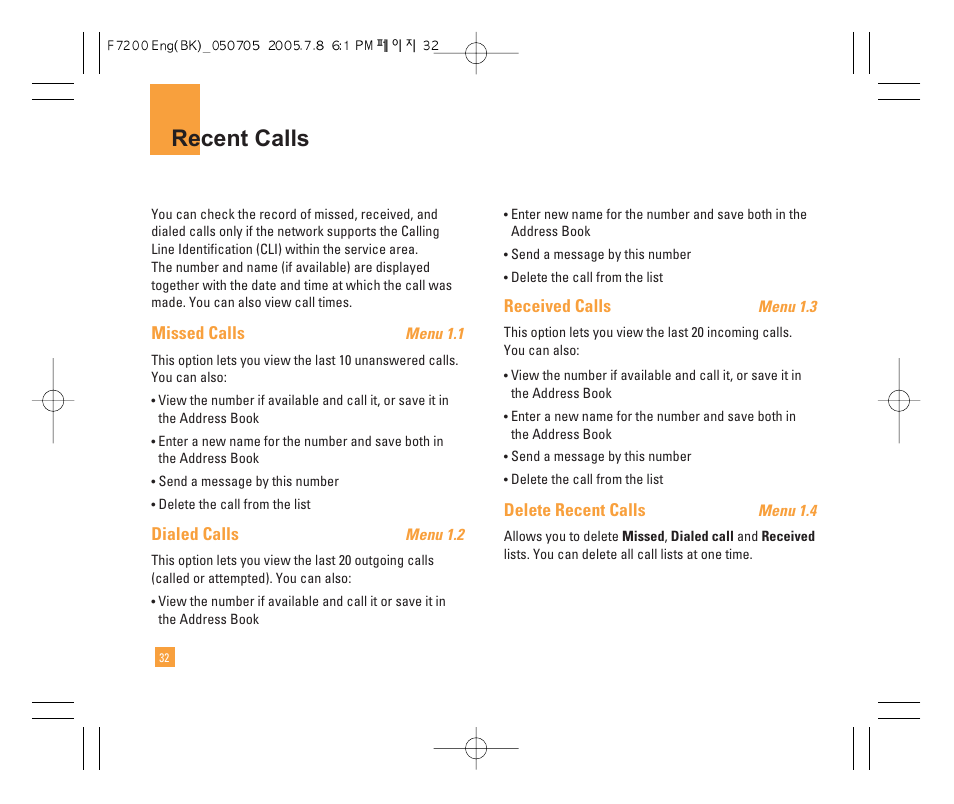 Recent calls | LG F7200 User Manual | Page 34 / 218