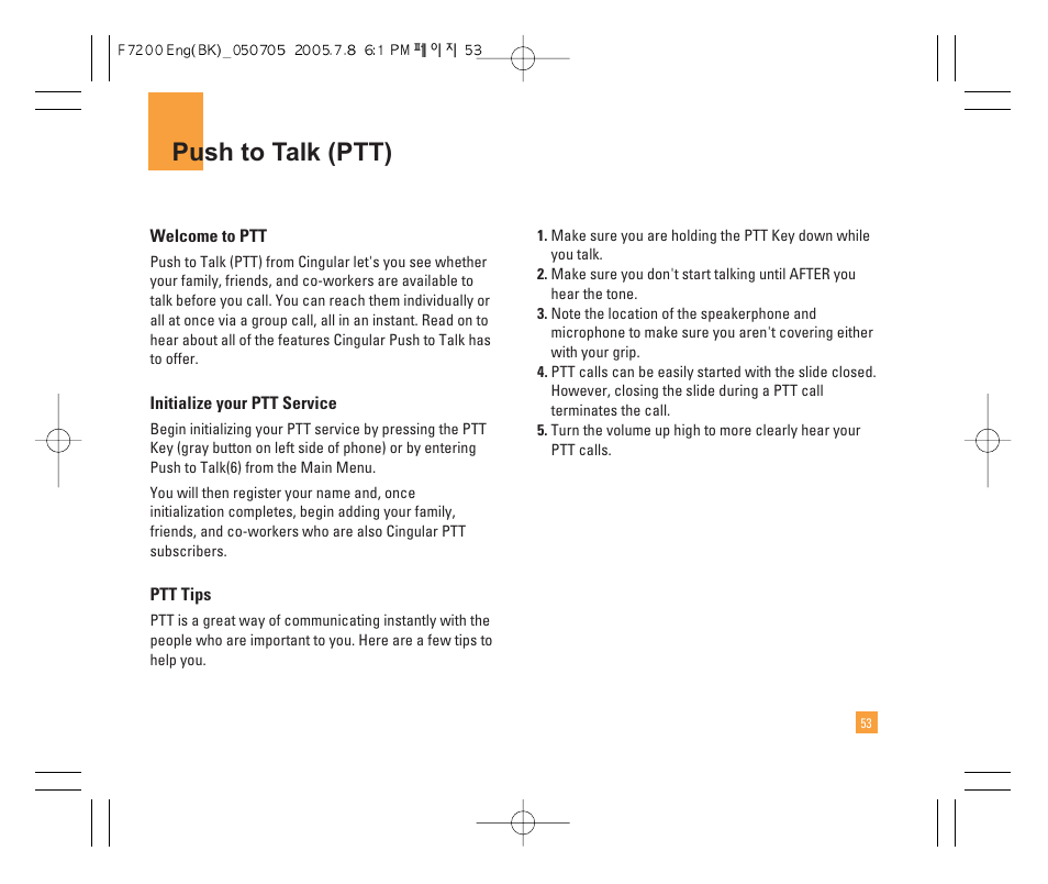 Push to talk (ptt) | LG F7200 User Manual | Page 55 / 218