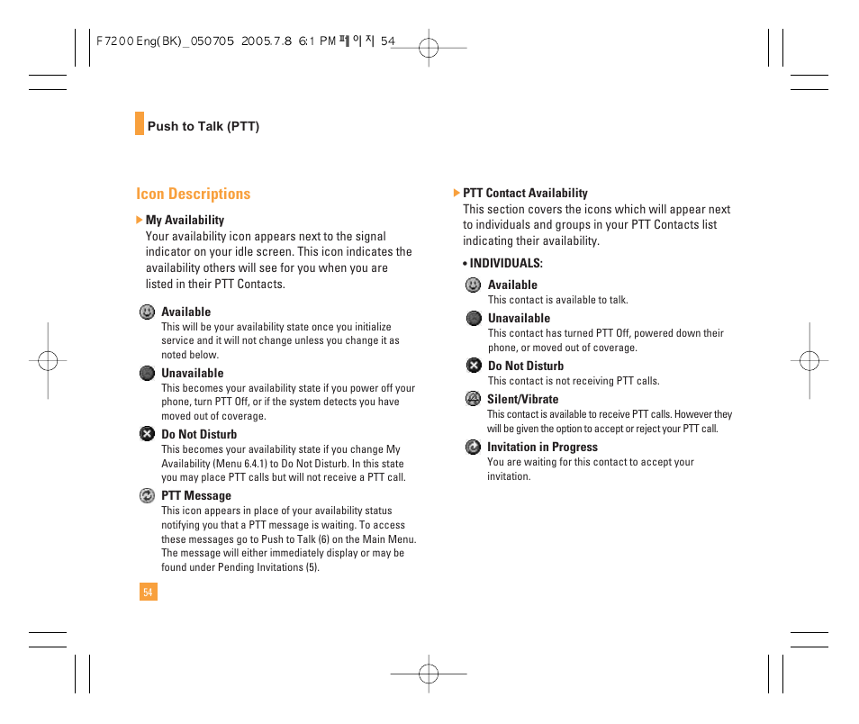 Icon descriptions | LG F7200 User Manual | Page 56 / 218