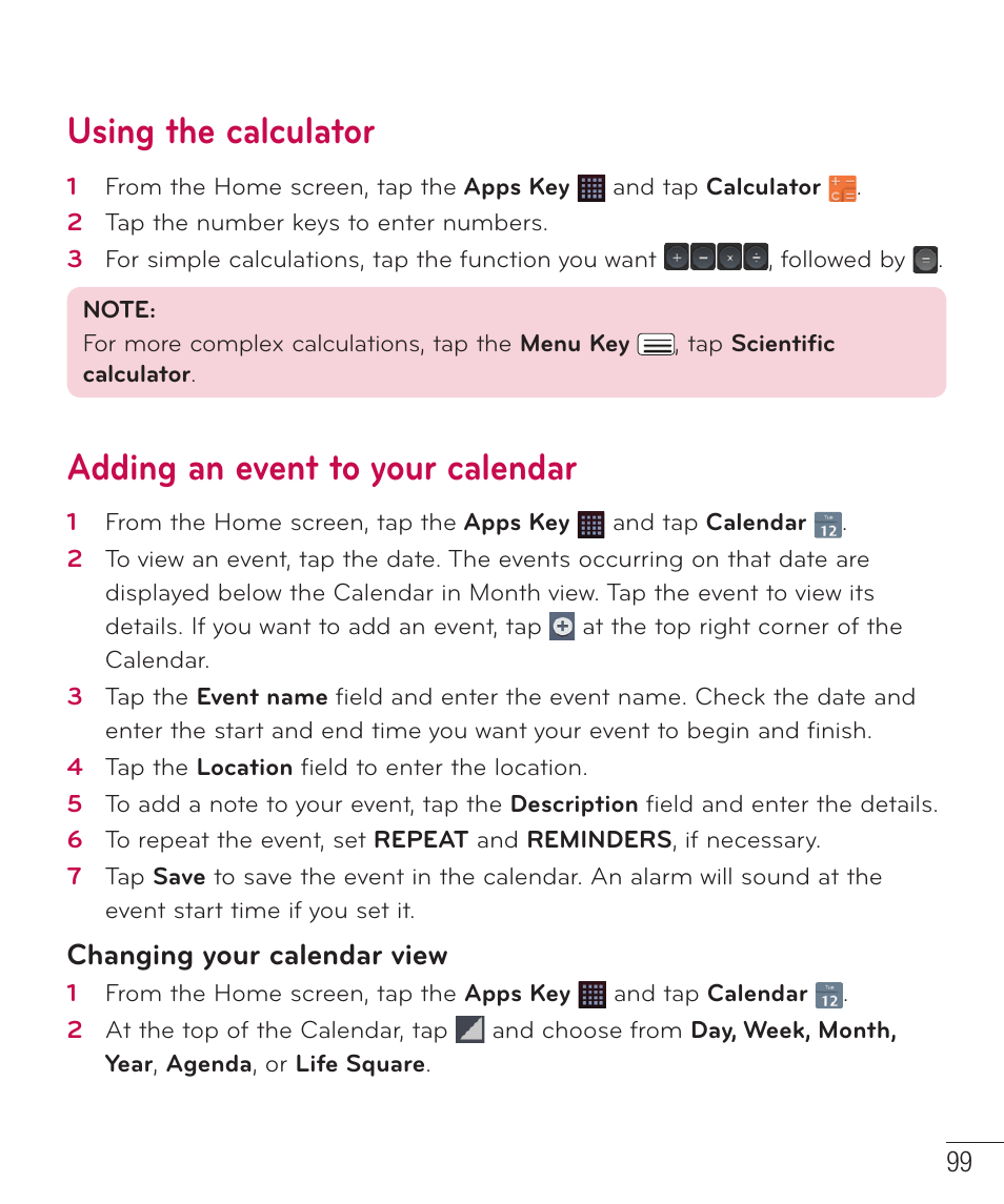 Using the calculator, Adding an event to your calendar, Changing your calendar view | LG D959 User Manual | Page 100 / 173