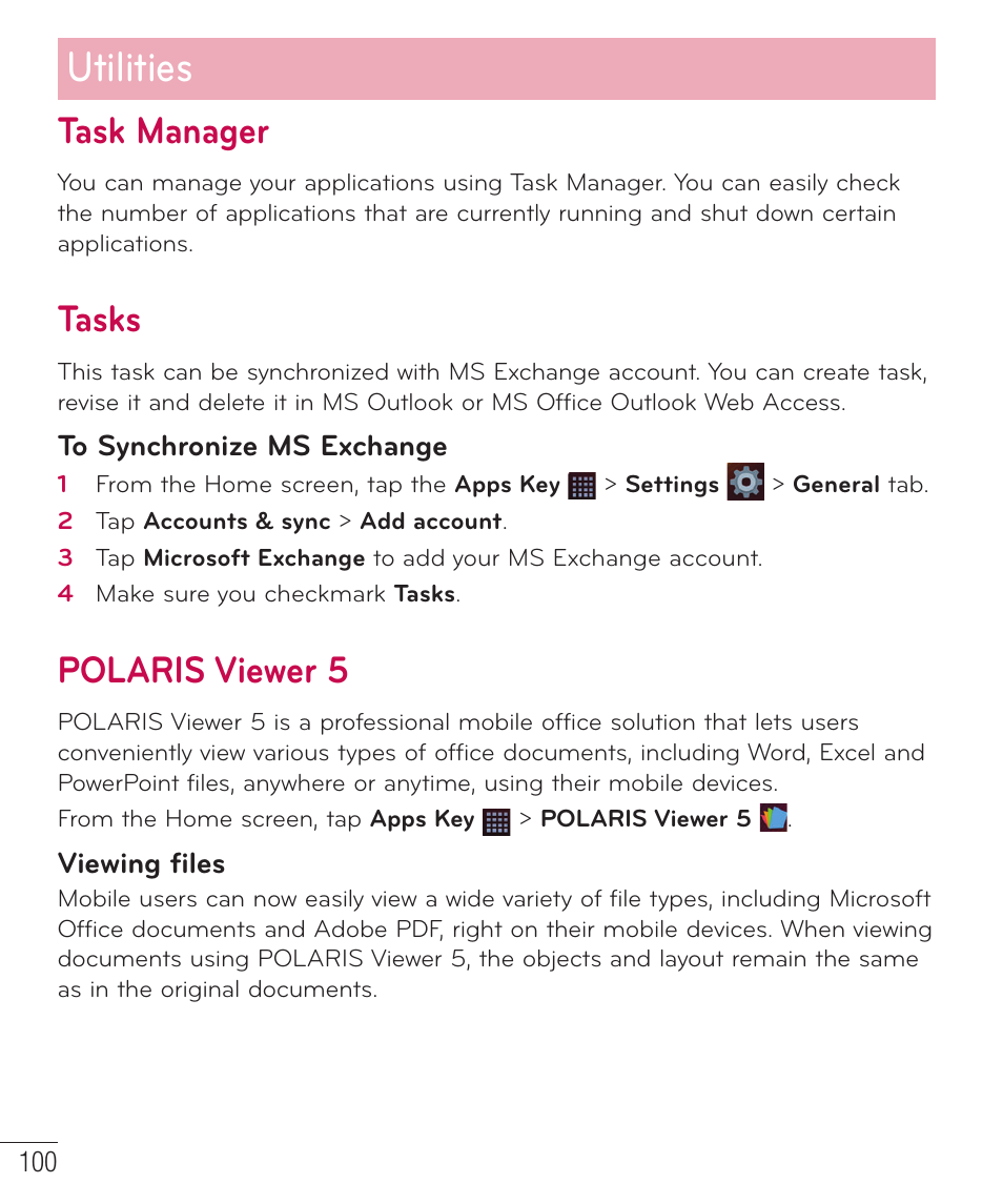 Task manager, Tasks, Polaris viewer 5 | Utilities | LG D959 User Manual | Page 101 / 173