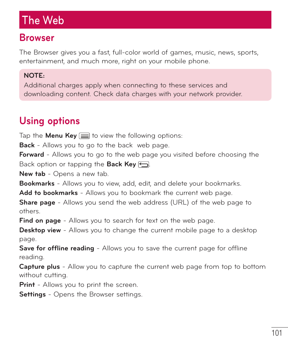 The web, Browser, Using options | LG D959 User Manual | Page 102 / 173