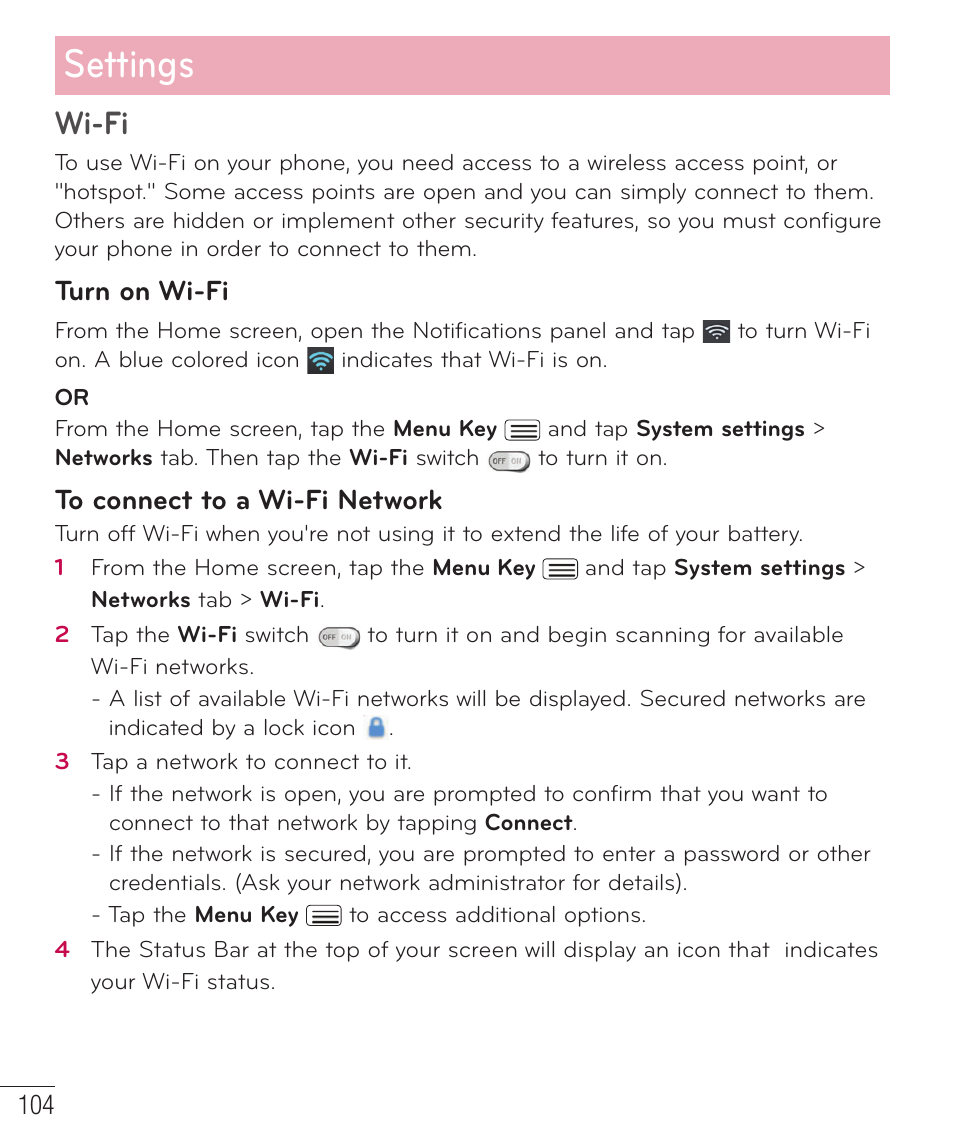 Settings, Wi-fi, Turn on wi-fi | LG D959 User Manual | Page 105 / 173