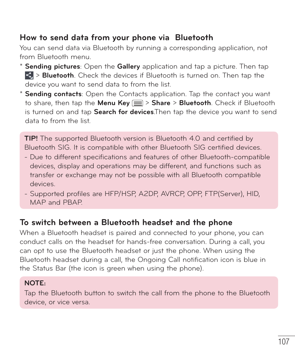 How to send data from your phone via bluetooth | LG D959 User Manual | Page 108 / 173