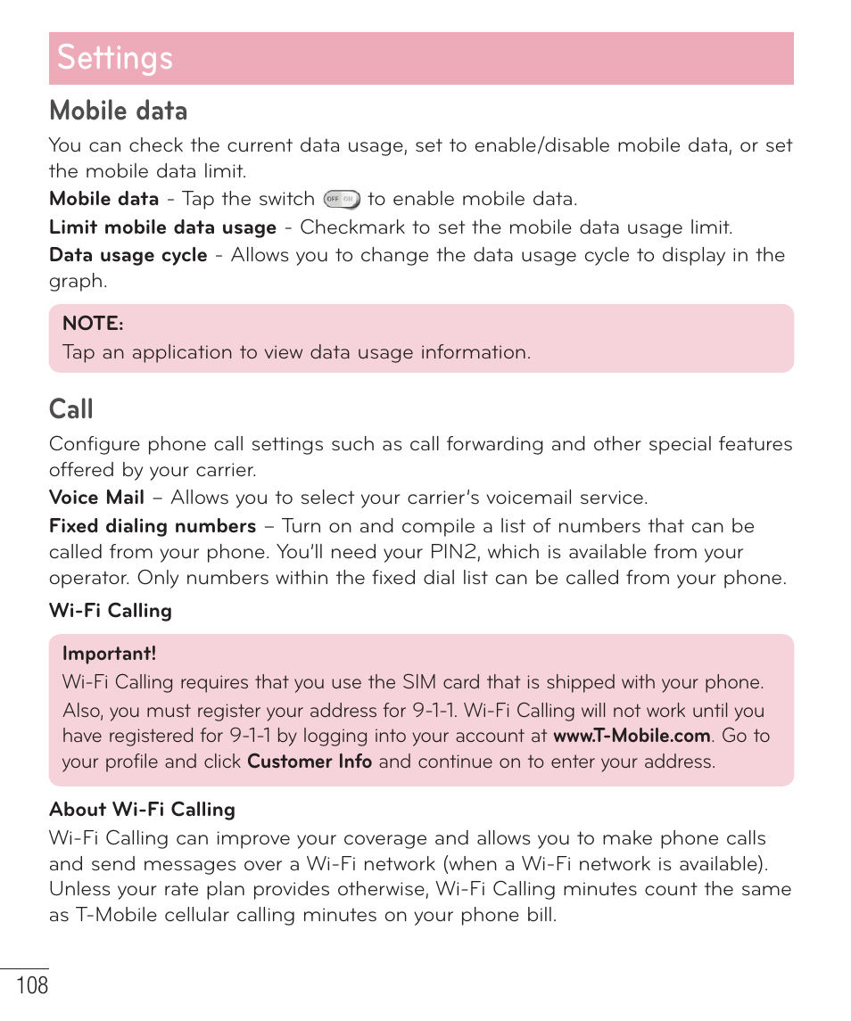 Settings, Mobile data, Call | LG D959 User Manual | Page 109 / 173