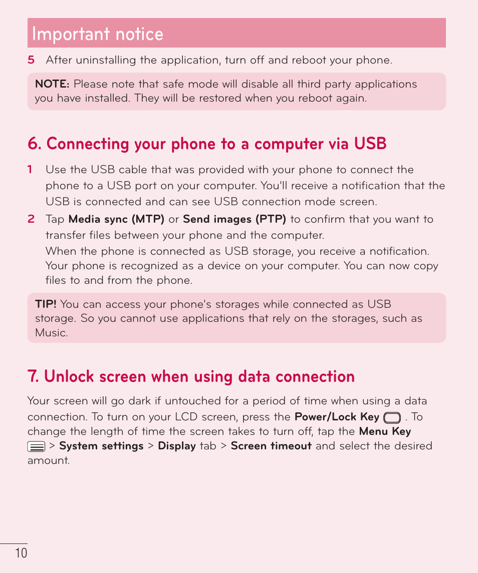 Important notice, Connecting your phone to a computer via usb, Unlock screen when using data connection | LG D959 User Manual | Page 11 / 173