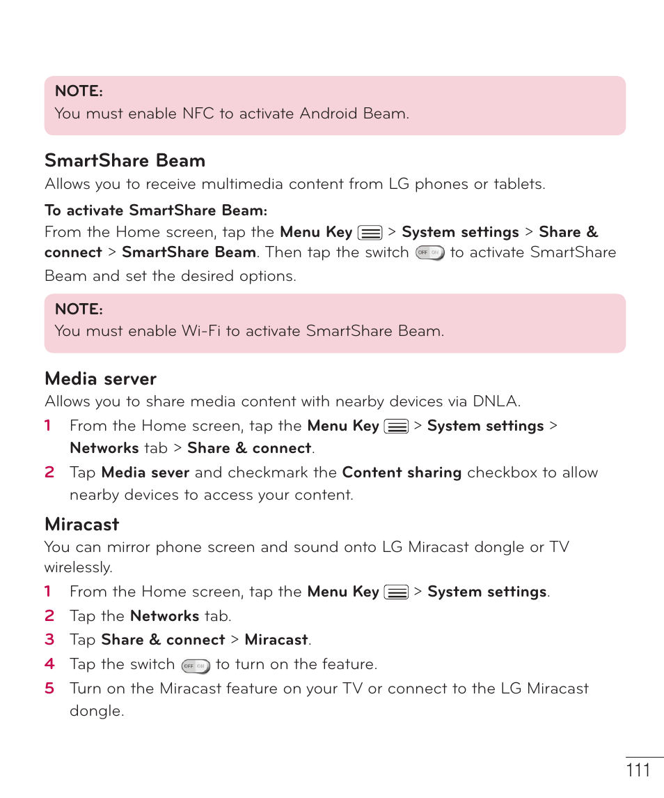 Smartshare beam, Media server, Miracast | LG D959 User Manual | Page 112 / 173