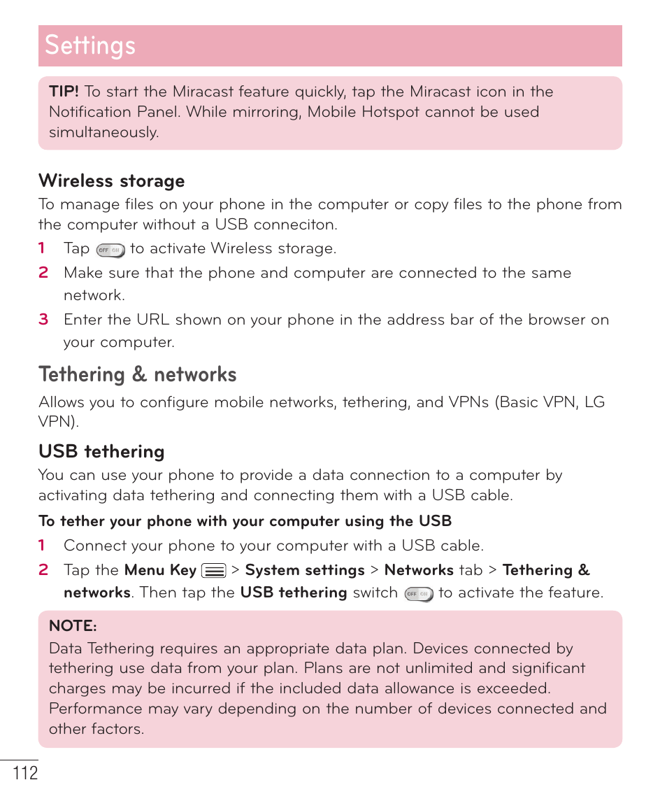 Settings, Tethering & networks | LG D959 User Manual | Page 113 / 173