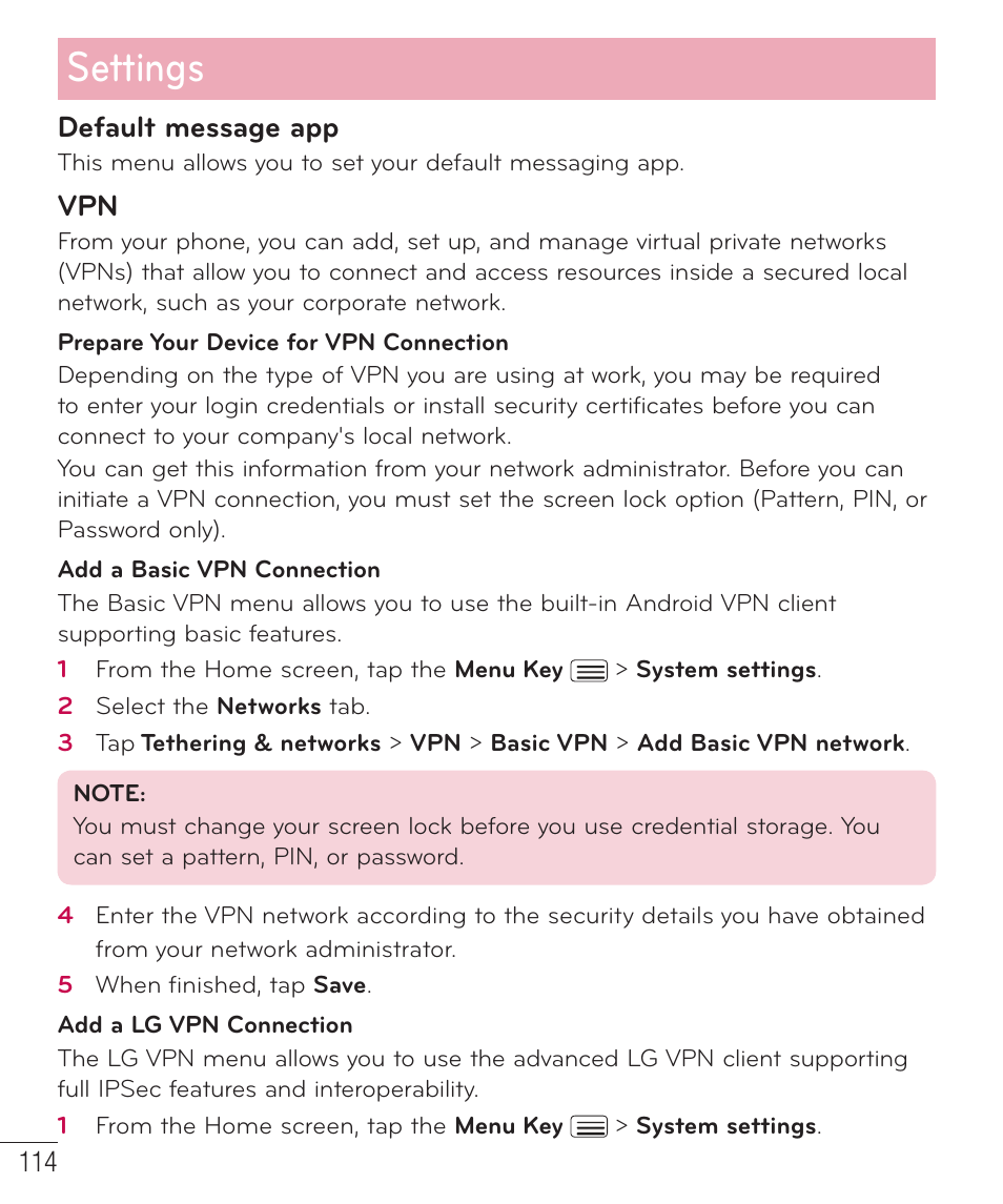 Settings, Default message app | LG D959 User Manual | Page 115 / 173