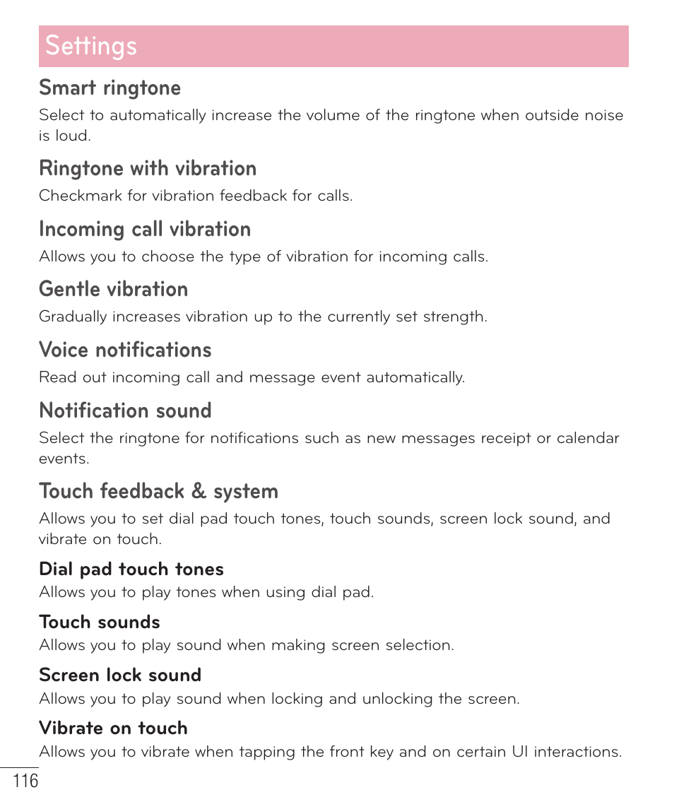Settings, Smart ringtone, Ringtone with vibration | Incoming call vibration, Gentle vibration, Voice notifications, Notification sound, Touch feedback & system | LG D959 User Manual | Page 117 / 173