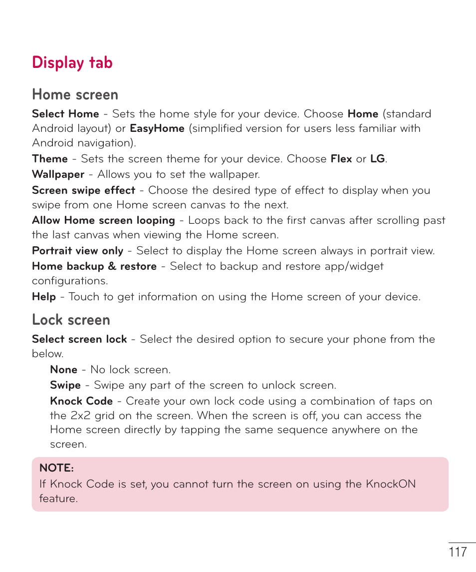 Display tab, Home screen, Lock screen | LG D959 User Manual | Page 118 / 173