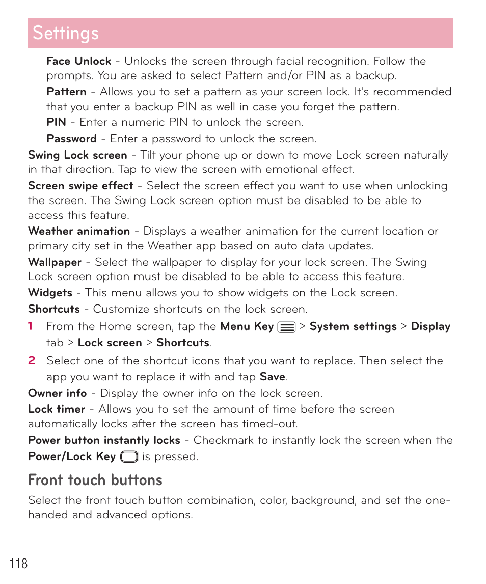 Settings, Front touch buttons | LG D959 User Manual | Page 119 / 173