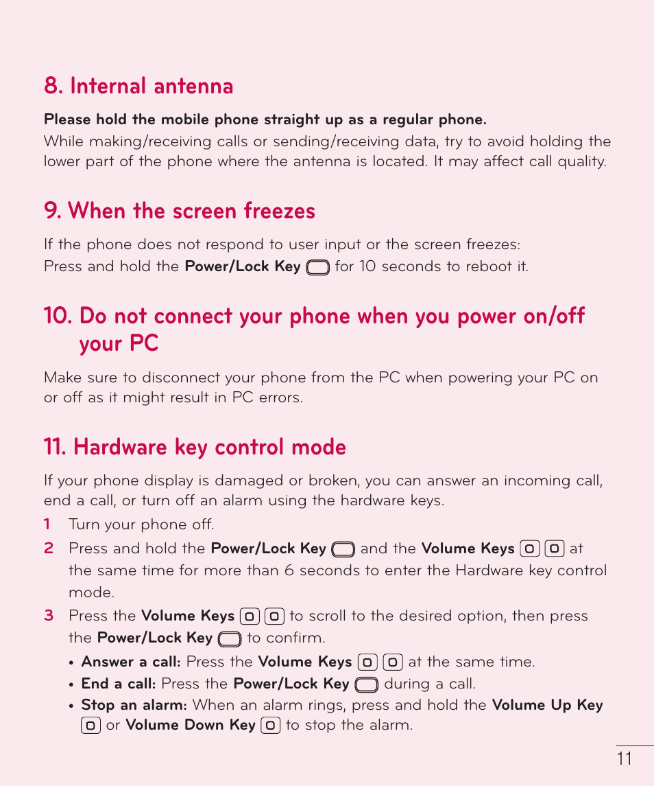 Internal antenna, When the screen freezes, Hardware key control mode | LG D959 User Manual | Page 12 / 173