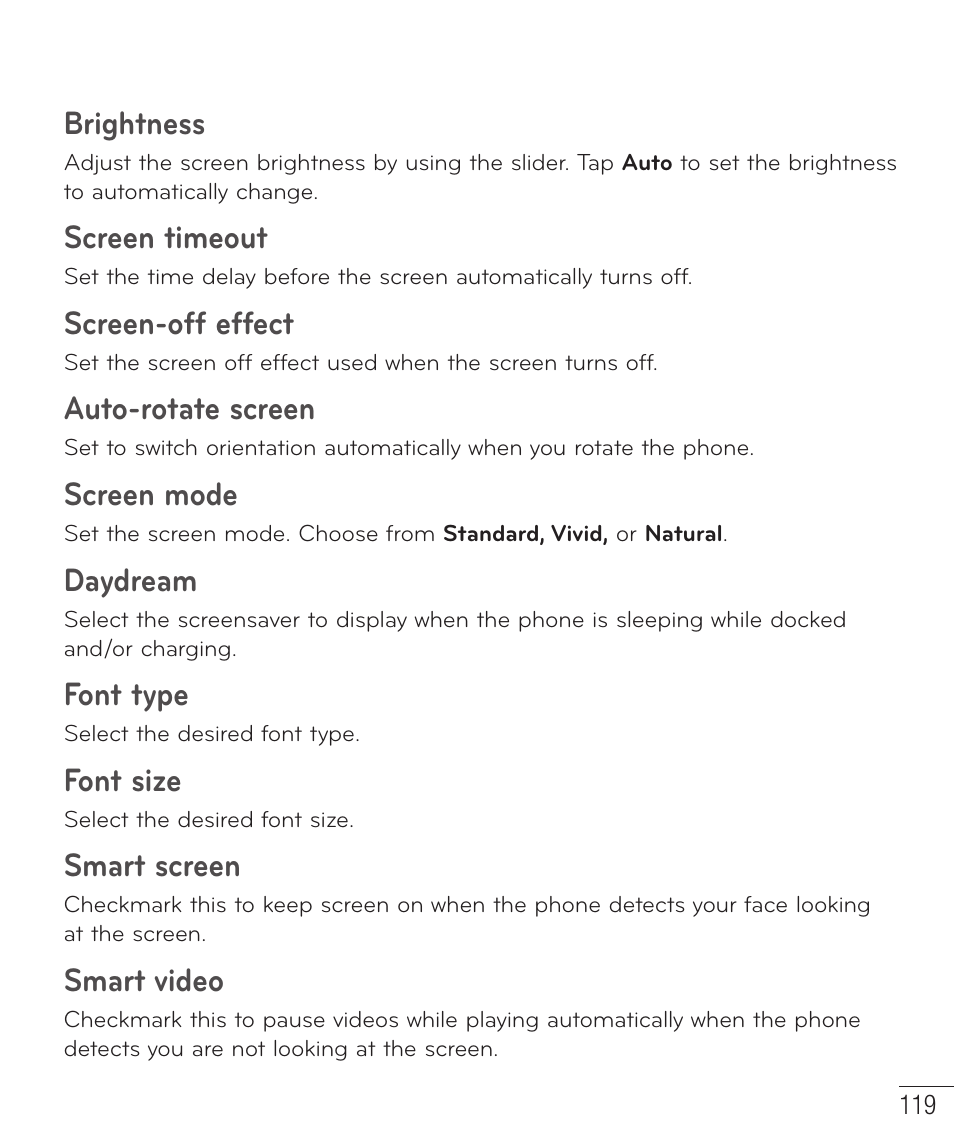 Brightness, Screen timeout, Screen-off effect | Auto-rotate screen, Screen mode, Daydream, Font type, Font size, Smart screen, Smart video | LG D959 User Manual | Page 120 / 173