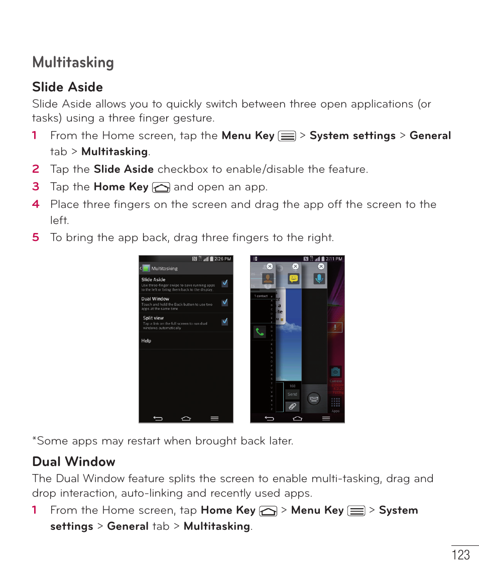 Multitasking, Slide aside, Dual window | LG D959 User Manual | Page 124 / 173