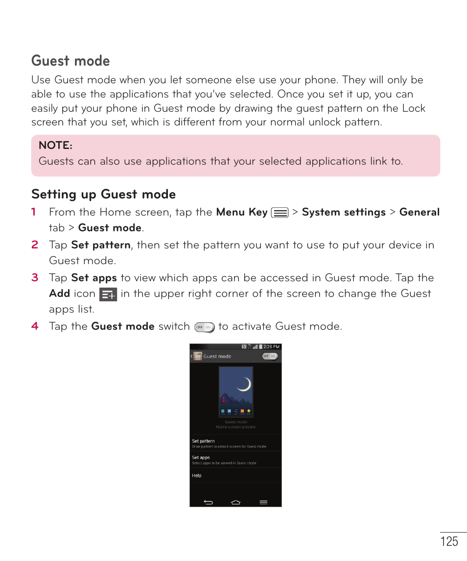 Guest mode, Setting up guest mode | LG D959 User Manual | Page 126 / 173