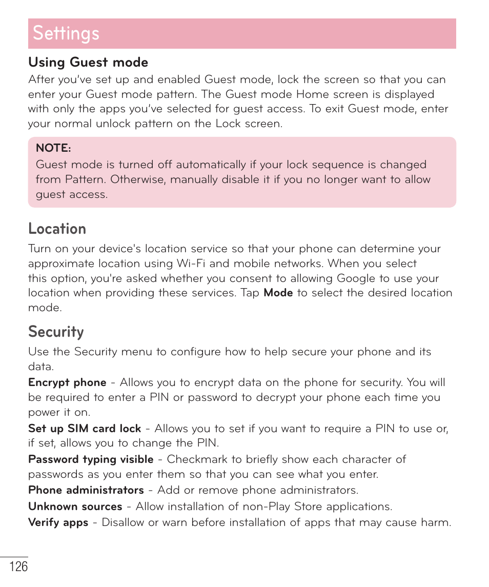 Settings, Location, Security | LG D959 User Manual | Page 127 / 173