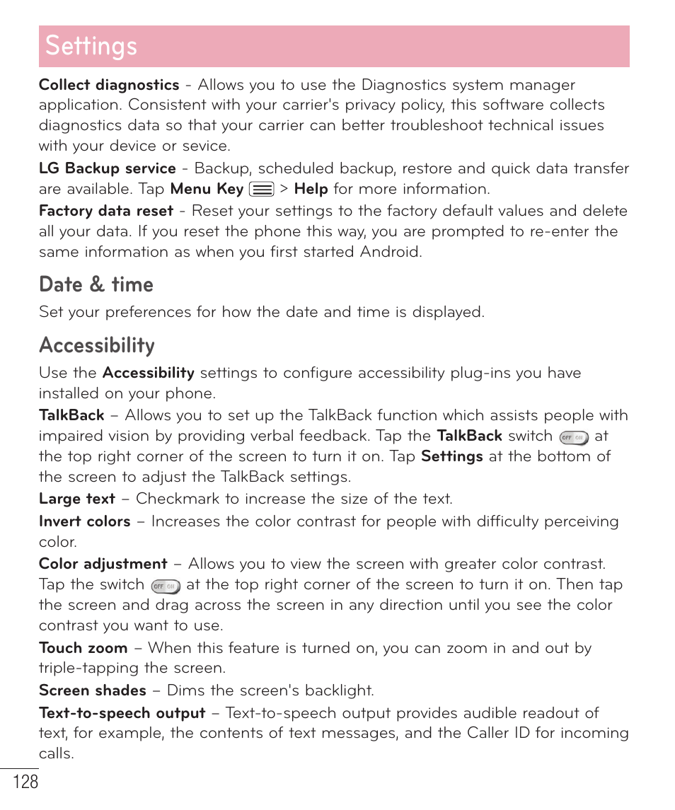 Settings, Date & time, Accessibility | LG D959 User Manual | Page 129 / 173