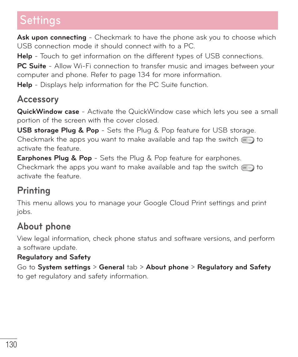 Settings, Accessory, Printing | About phone | LG D959 User Manual | Page 131 / 173