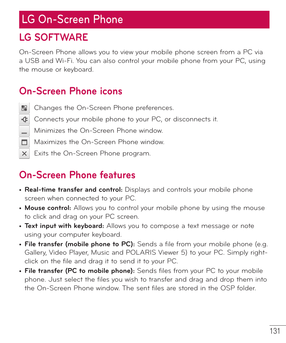 Lg on-screen phone, Lg software, On-screen phone icons | On-screen phone features | LG D959 User Manual | Page 132 / 173