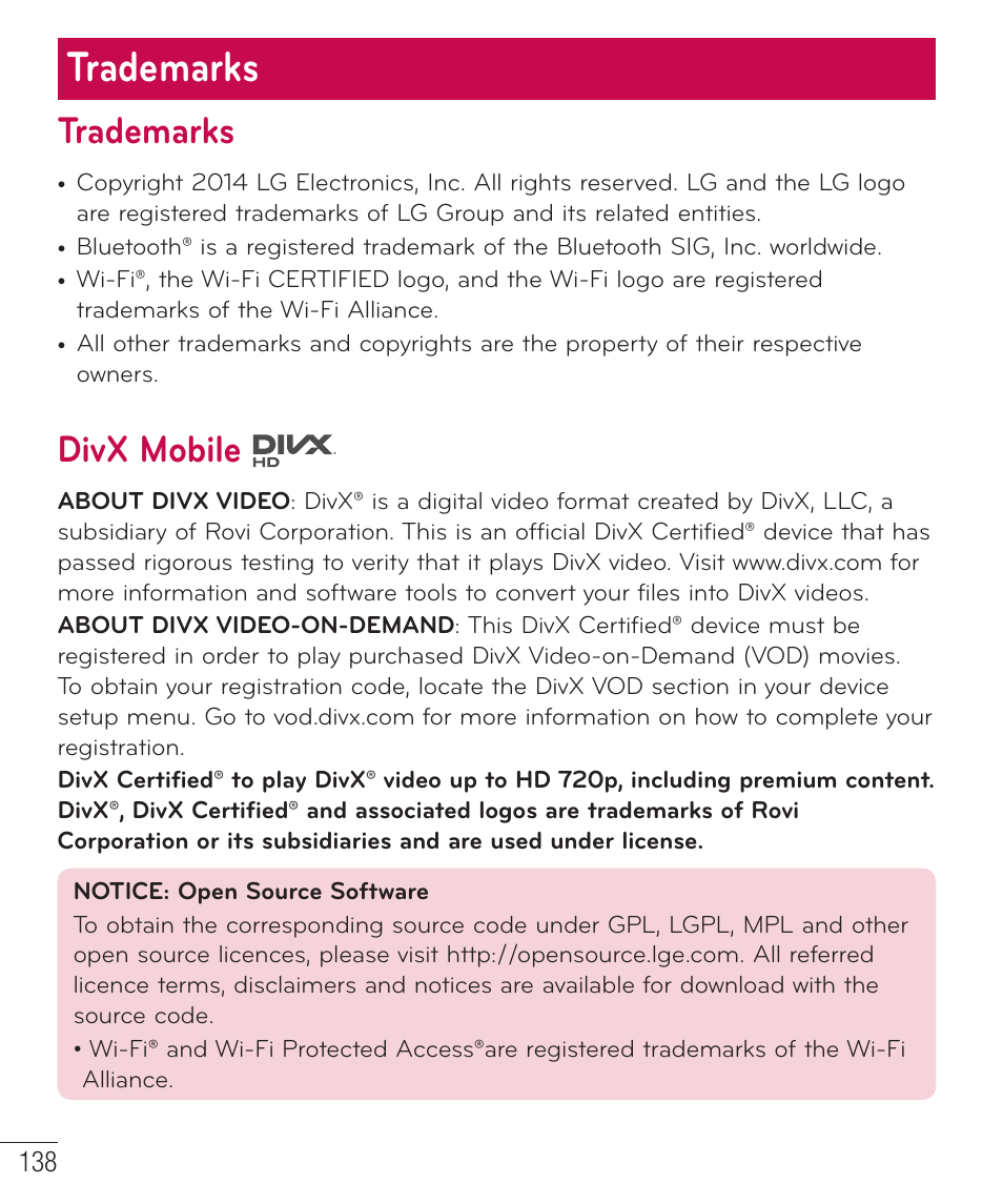 Trademarks, Divx mobile | LG D959 User Manual | Page 139 / 173