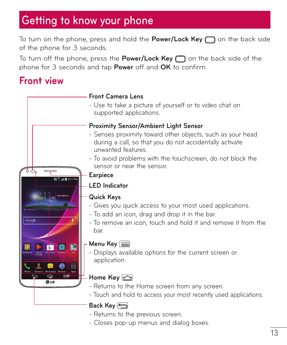 Getting to know your phone, Front view | LG D959 User Manual | Page 14 / 173