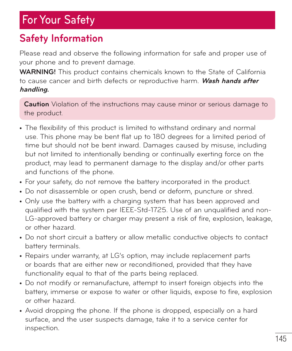 For your safety, Safety information | LG D959 User Manual | Page 146 / 173
