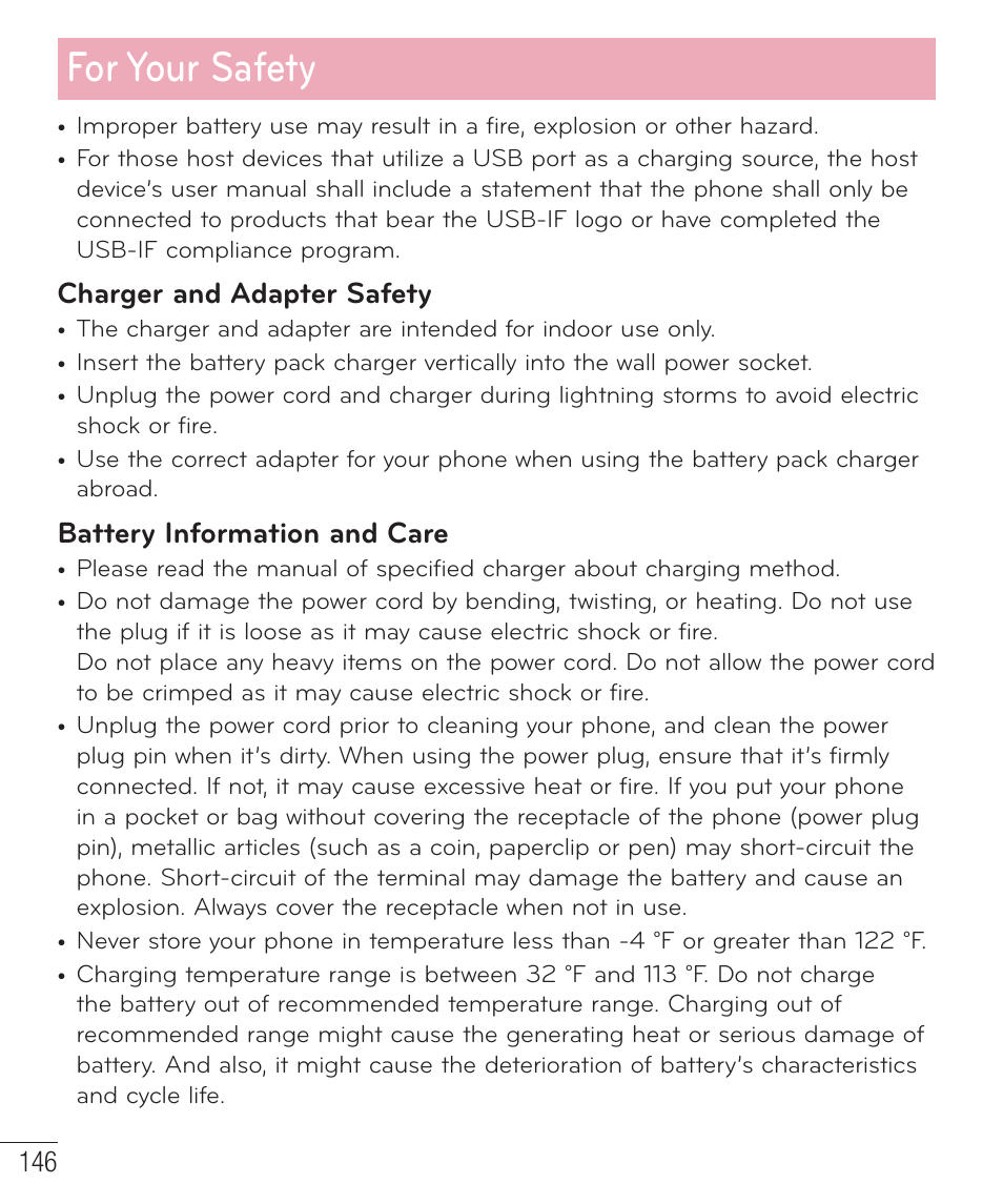 For your safety, Charger and adapter safety, Battery information and care | LG D959 User Manual | Page 147 / 173