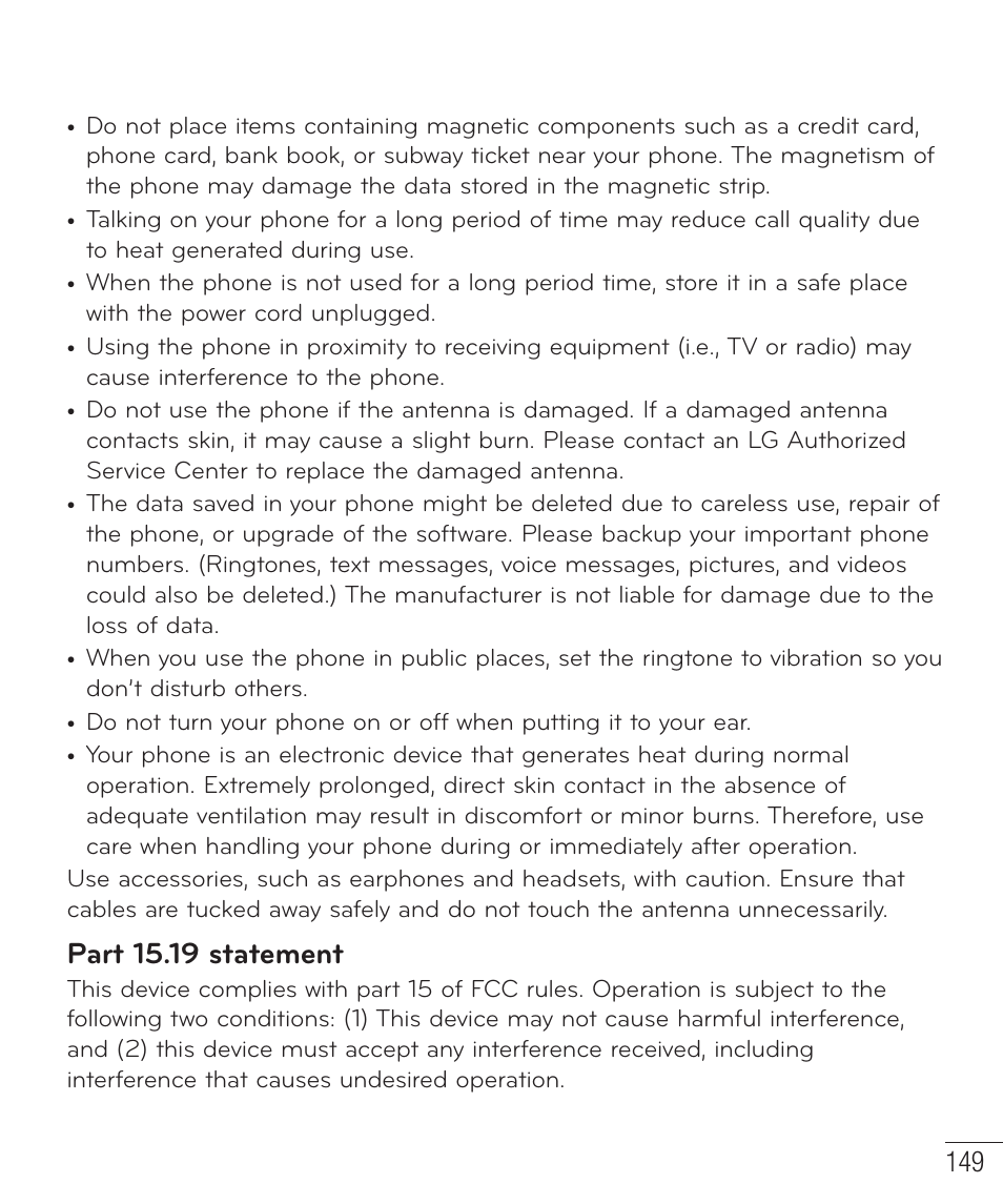 Part 15.19 statement | LG D959 User Manual | Page 150 / 173