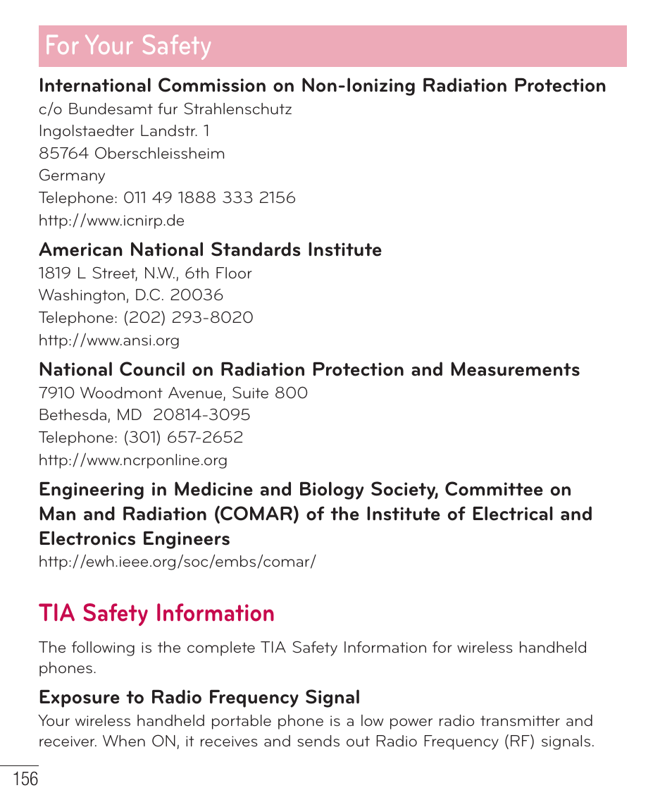 For your safety, Tia safety information | LG D959 User Manual | Page 157 / 173