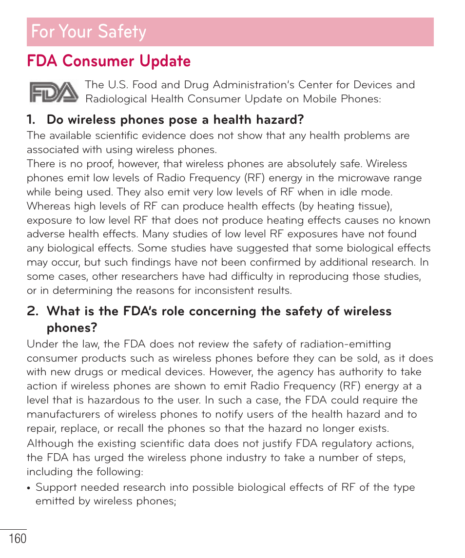 For your safety, Fda consumer update | LG D959 User Manual | Page 161 / 173