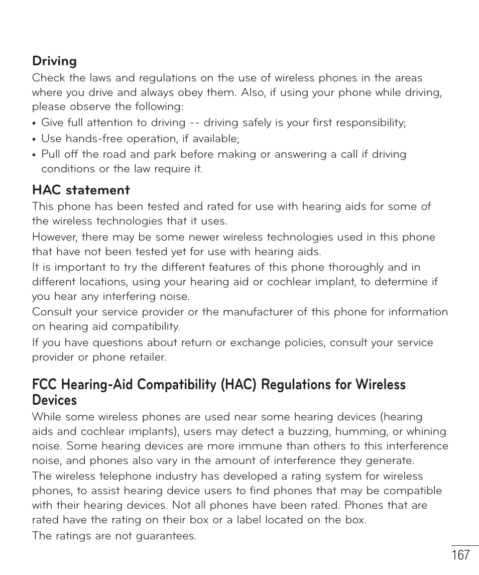 Driving, Hac statement | LG D959 User Manual | Page 168 / 173