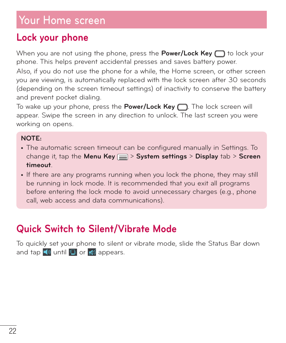 Lock your phone, Quick switch to silent/vibrate mode, Your home screen | LG D959 User Manual | Page 23 / 173