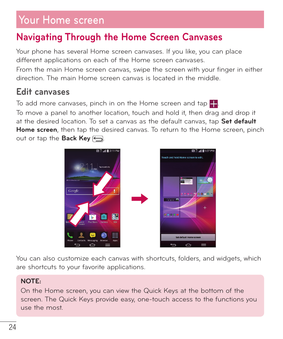 Navigating through the home screen canvases, Your home screen, Edit canvases | LG D959 User Manual | Page 25 / 173