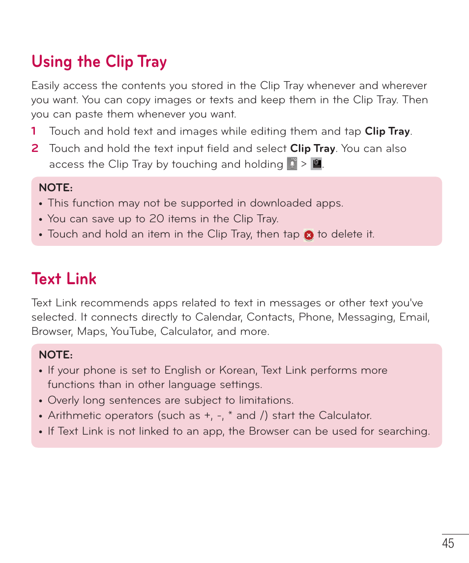 Using the clip tray, Text link | LG D959 User Manual | Page 46 / 173
