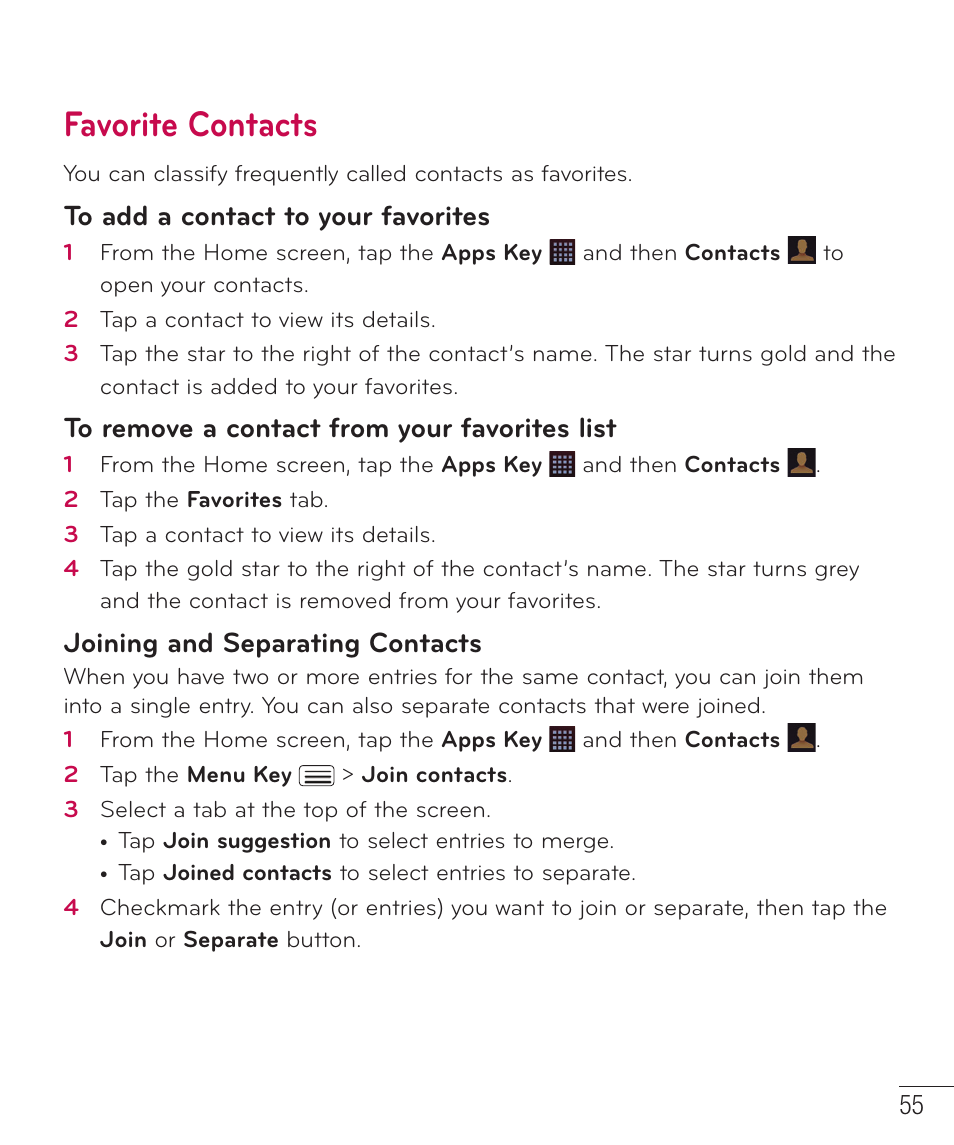 Favorite contacts, Joining and separating contacts | LG D959 User Manual | Page 56 / 173