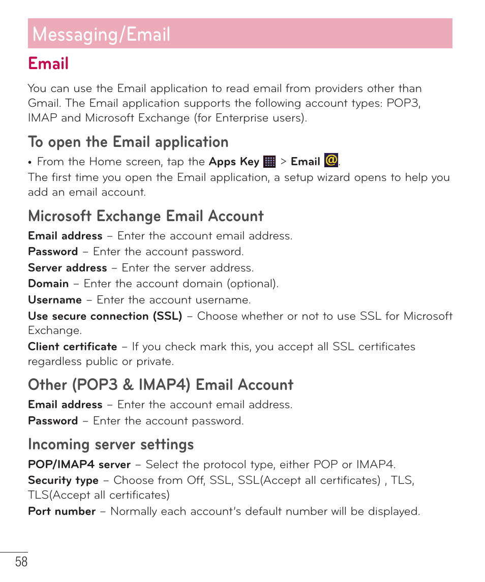 Email, Messaging/email, Microsoft exchange email account | Other (pop3 & imap4) email account, Incoming server settings | LG D959 User Manual | Page 59 / 173